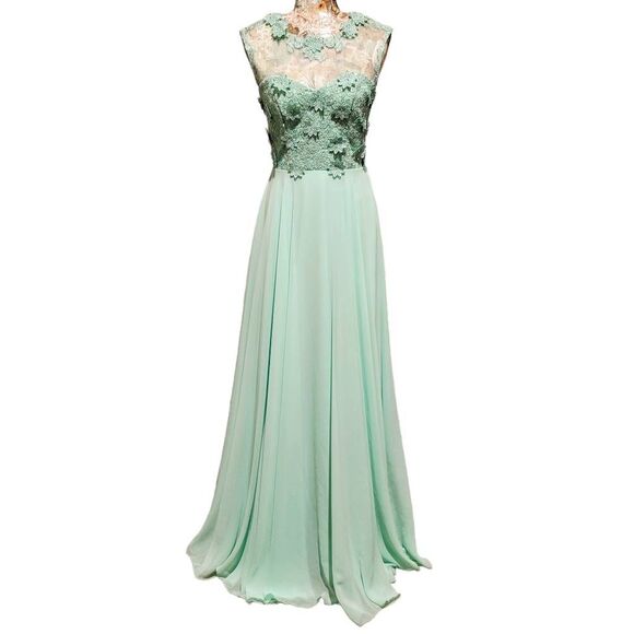 Formal Lt Green Rhinestones Floral Lace Sweetheart Bodice Long Gown Maxi Dress - Picture 15 of 15